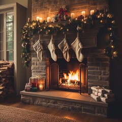 Incorporate a cozy fireplace nearby, complete with stockings hanging from the mantel. Ai generated
