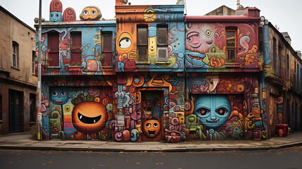 Les façades des bâtiments sont ornées de graffitis colorés, rue originale, insolite.