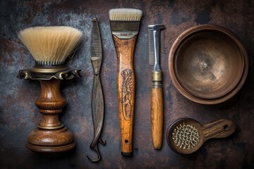 A shaving brush, bowl, and various items are neatly arranged on a table, Classic barber tools including a razor, brush, comb, and bowl, AI Generated