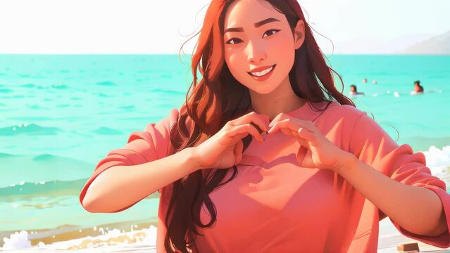 asian beautiful woman making heart shape hands at the beach rotoscoping seamless loop animation