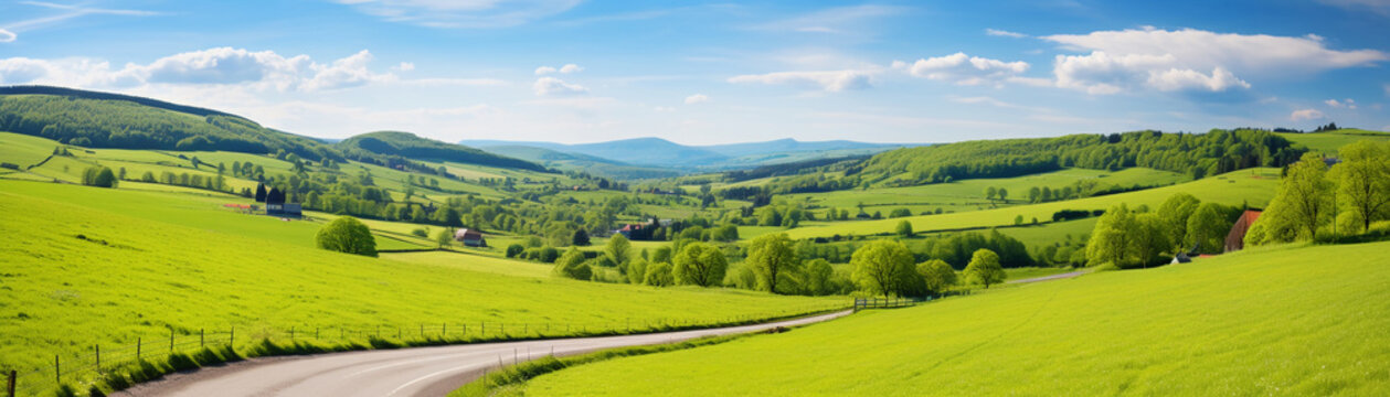 A vast summer panorama unfolds with green meadows, rolling hills, and majestic blue mountains reaching towards a cloudy sky