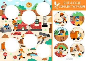 Vector construction site cut and glue activity. Crafting game with cute landscape, workers building brick house. Fill up the scene with round sticker. Find the right piece of puzzle. Complete picture