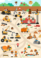 Fototapeta premium Vector construction site and road work vertical landscape illustration. Building scene with funny kid builders, transport, bulldozer, tractor, truck, crawler crane. Cute repair service map background.
