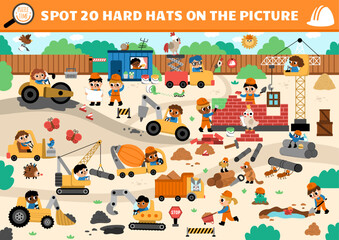 Vector construction site searching game with building works landscape. Spot hidden hard hats in the picture. Simple seek and find educational printable activity for kids with workers in uniform.
