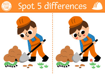 Find differences game for children. Construction site educational activity with boy digging pit. Cute puzzle for kids with funny worker. Printable worksheet or page for logic and attention skills.