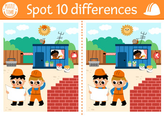 Find differences game for children. Educational activity with boy engineers and construction site scene. Cute puzzle for kids with funny worker. Printable worksheet, page for logic and attention skill