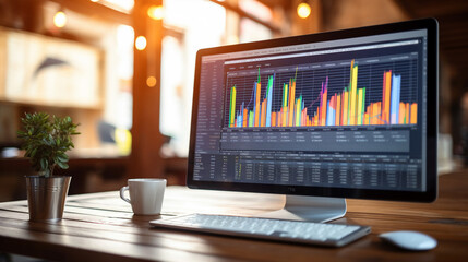 A computer monitor sits on a desk in an office