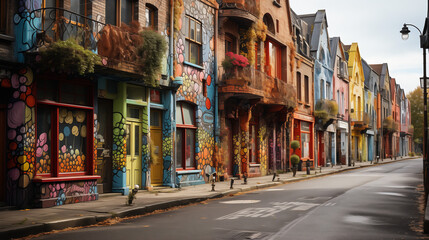 Fototapeta na wymiar Les façades des bâtiments sont ornées de graffitis colorés, rue originale, insolite.