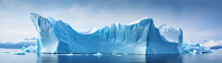 A massive iceberg, sculpted by nature, floats in a cold ocean under a clear sky - obrazy, fototapety, plakaty