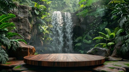 Obraz premium product photography, empty brown wooden podium on evergreen rain forest background.