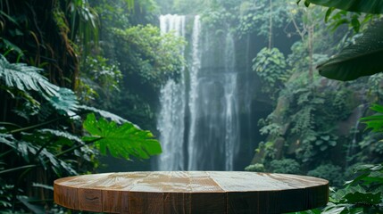 product photography, empty brown wooden podium on evergreen rain forest background.
