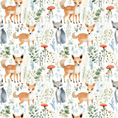 Deer and Flowers Pattern on White Background