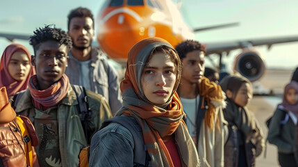 Diverse group of people near airplane representing global migration emigration and refugees. Concept Diversity, Global Migration, Emigration, Refugees, Airplane