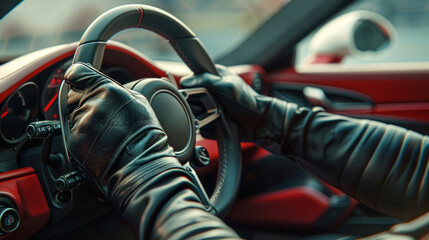 A close-up view of gloved hands gripping a sleek steering wheel, with a futuristic dashboard in the background.
