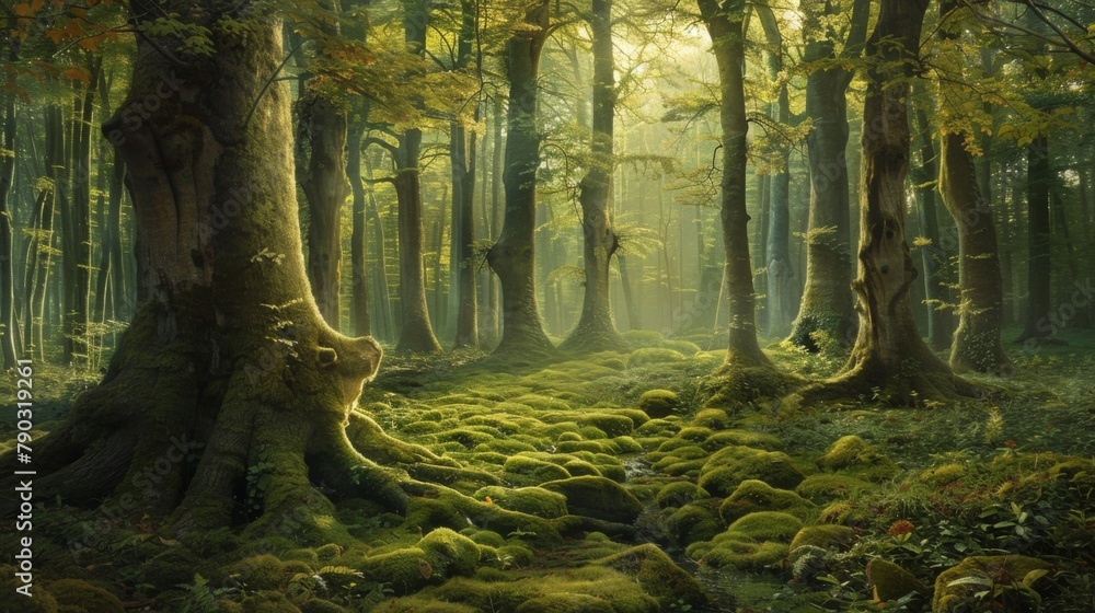 Poster enchanted woodland: a verdant forest is punctuated by towering tree trunks, their moss-covered roots