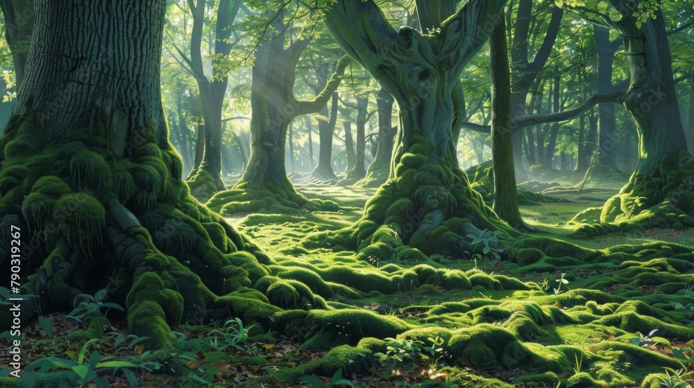 Poster enchanted woodland: a verdant forest is punctuated by towering tree trunks, their moss-covered roots