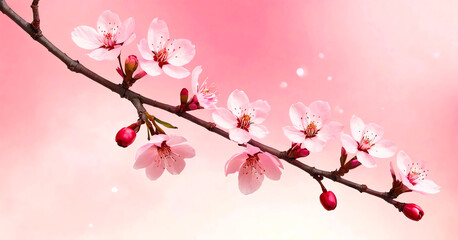 On a simple background, a cherry blossom branch with pink blossoms.