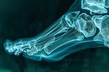 This x-ray image showcases the detailed structure of a foot, including the bones and underlying anatomy, Close up X-ray of the foot bones, AI Generated