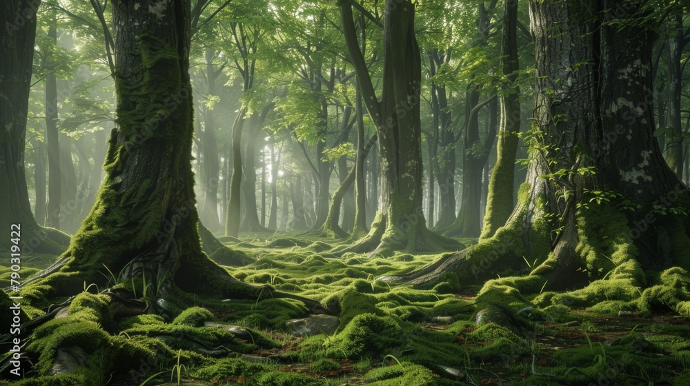 Poster enchanted woodland: a verdant forest is punctuated by towering tree trunks, their moss-covered roots