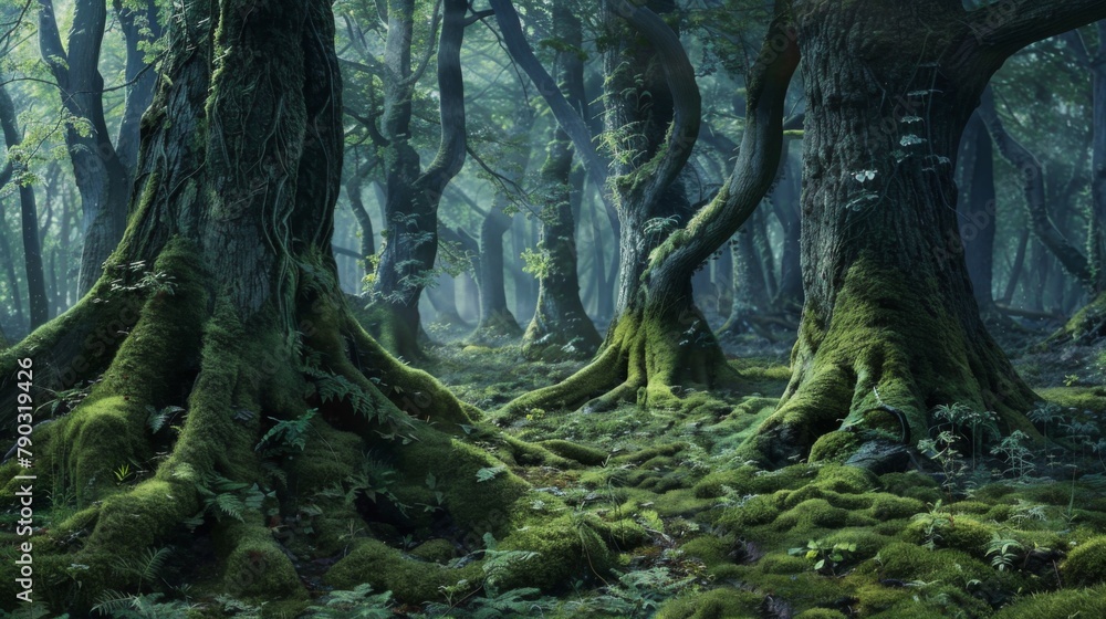Poster enchanted woodland: a verdant forest is punctuated by towering tree trunks, their moss-covered roots