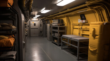 Obraz premium Interior view of a modern underground bunker, designed for longterm survival, equipped with hightech life support systems and sparse lighting