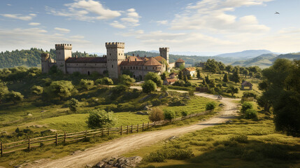Majestic medieval manor set against a backdrop of rolling hills, showcasing feudal architecture and historical setting