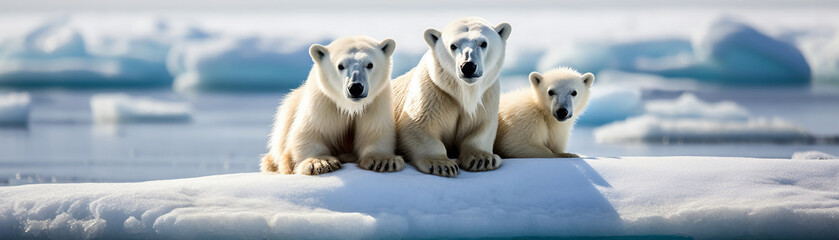 Polar bears on a shrinking ice floe, Arctic setting, highlighting the threat of habitat loss due to global warming - obrazy, fototapety, plakaty