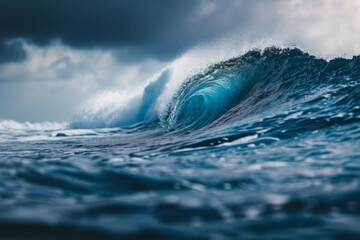 A powerful and towering wave crashes violently in the middle of the vast ocean, creating a captivating display of raw natural strength, Close-up of a swelling wave in mid-ocean, AI Generated