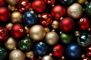 Place a variety of Christmas balls in different sizes, textures, and colors throughout the composition. Ai generated