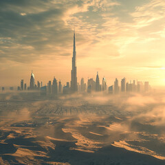 Dubai city skyline at sunset seen from the desert - obrazy, fototapety, plakaty