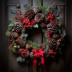 Place a wreath adorned with red berries and pinecones on the wall, Ai generated