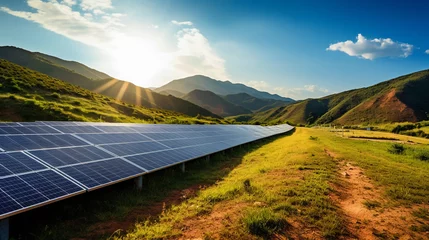 Fotobehang A solar power station with panels lining the mountainside basks in the summer sun against a backdrop of fluffy clouds and a panoramic valley view © PARALOGIA
