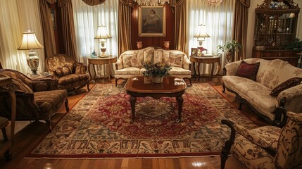 Elegant vintage living room with warm lighting