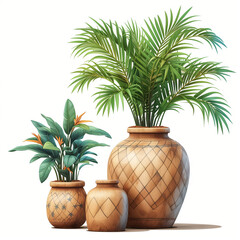 Fototapeta premium Colorful Ceramic Flower Pots, with Flowers and Plants, on White Background