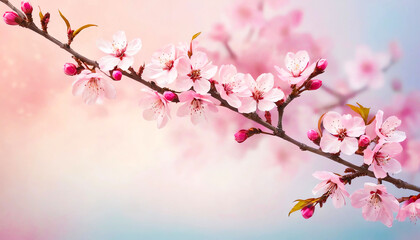 On a simple background, a cherry blossom branch with pink blossoms.