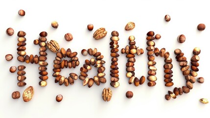 text only "Healthy" written with 3d walnuts, almonds, hazelnuts on white background 