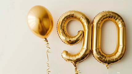 Gold balloon number 90 Birthday card with 90 inscription Anniversary party decoration with banner Golden number on white background Ample space for text