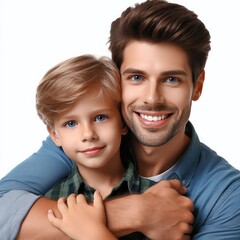 Happy fathers day a father hugging his son isolated on a white background