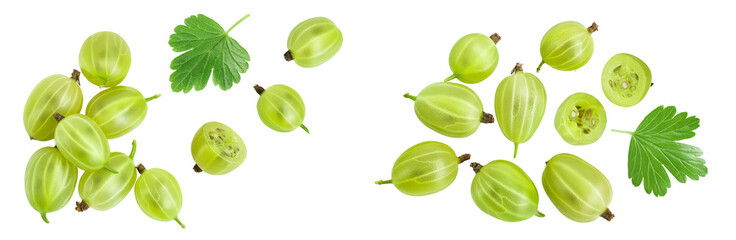 Green gooseberry isolated on white background with full depth of field. Top view. Flat lay
