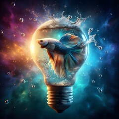 A surreal scene with a Siamese Fighting Fish inside an illuminated light bulb.
