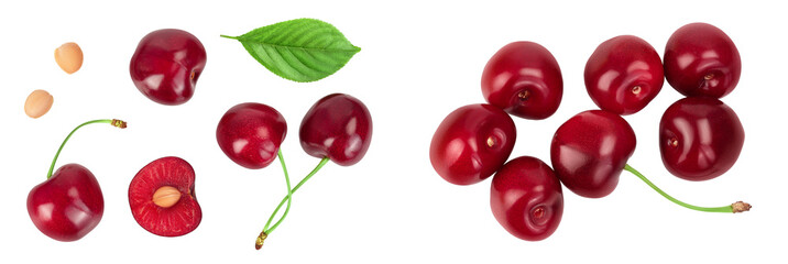 red sweet cherry isolated on white background  . Top view. Flat lay