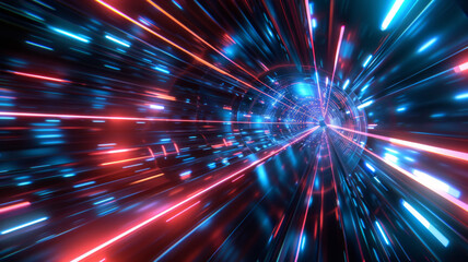 Abstract flight in retro neon hyper warp space in the tunnel 3d illustration