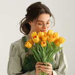 Portrait of a casual brunette girl in glasses and green overalls smelling a bouquet of yellow tulips. Perfect for International Women's Day celebration or fashion and lifestyle content.