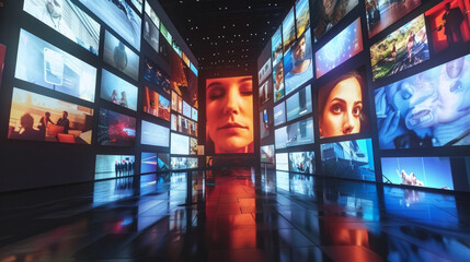 Large video screens displaying televised content, made up of several smaller screens combined.