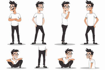 Set of happy male character in different poses on white background. A man with glasses vector icon, white background, black colour icon