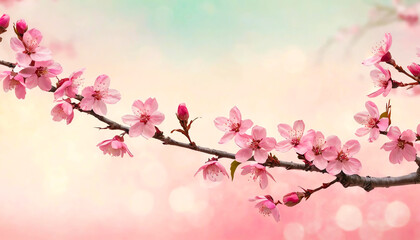 Obraz na płótnie Canvas On a simple background, a cherry blossom branch with pink blossoms 