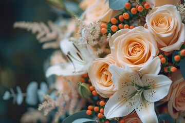 This photo shows a vibrant bouquet featuring a combination of orange and white flowers, Close-up shot of a wedding bouquet with roses and lilies, AI Generated