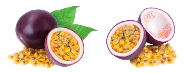 passion fruits and half isolated on white background. maracuya with full depth of field