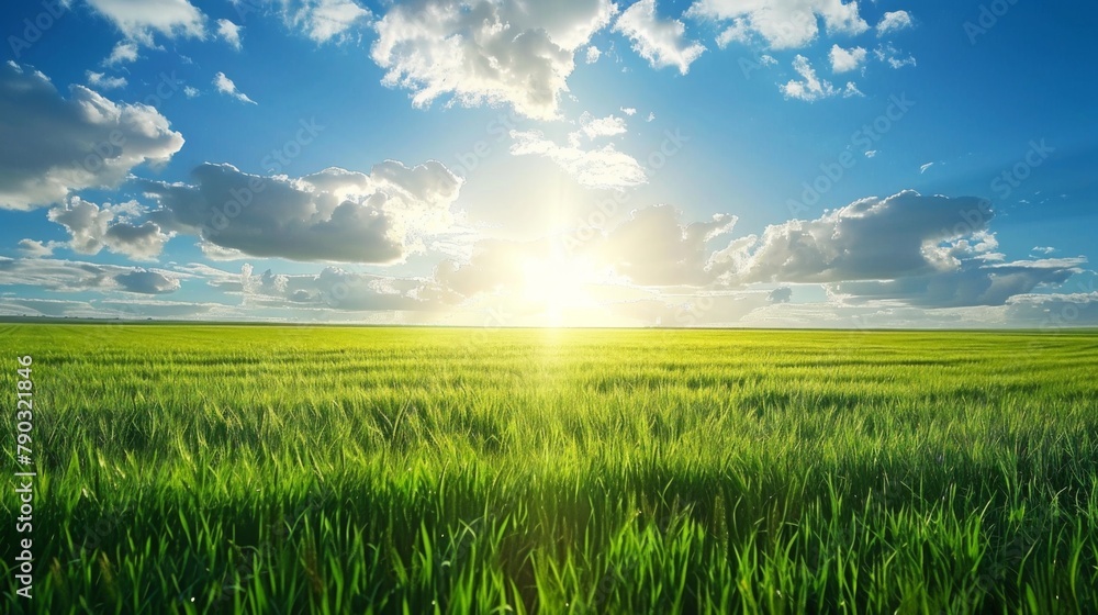 Poster green field of winter wheat and and beautiful sky with clouds in the evening
