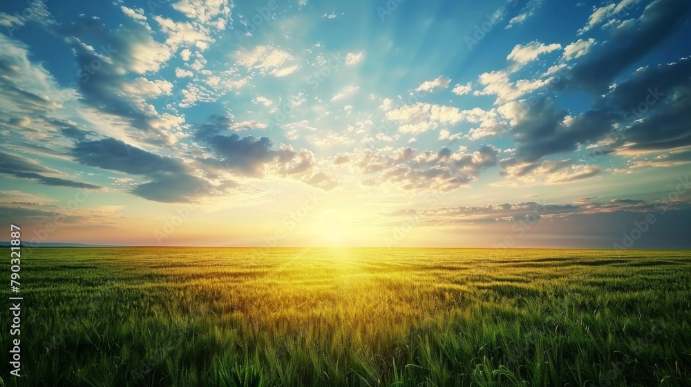 Poster green field of winter wheat and and beautiful sky with clouds in the evening